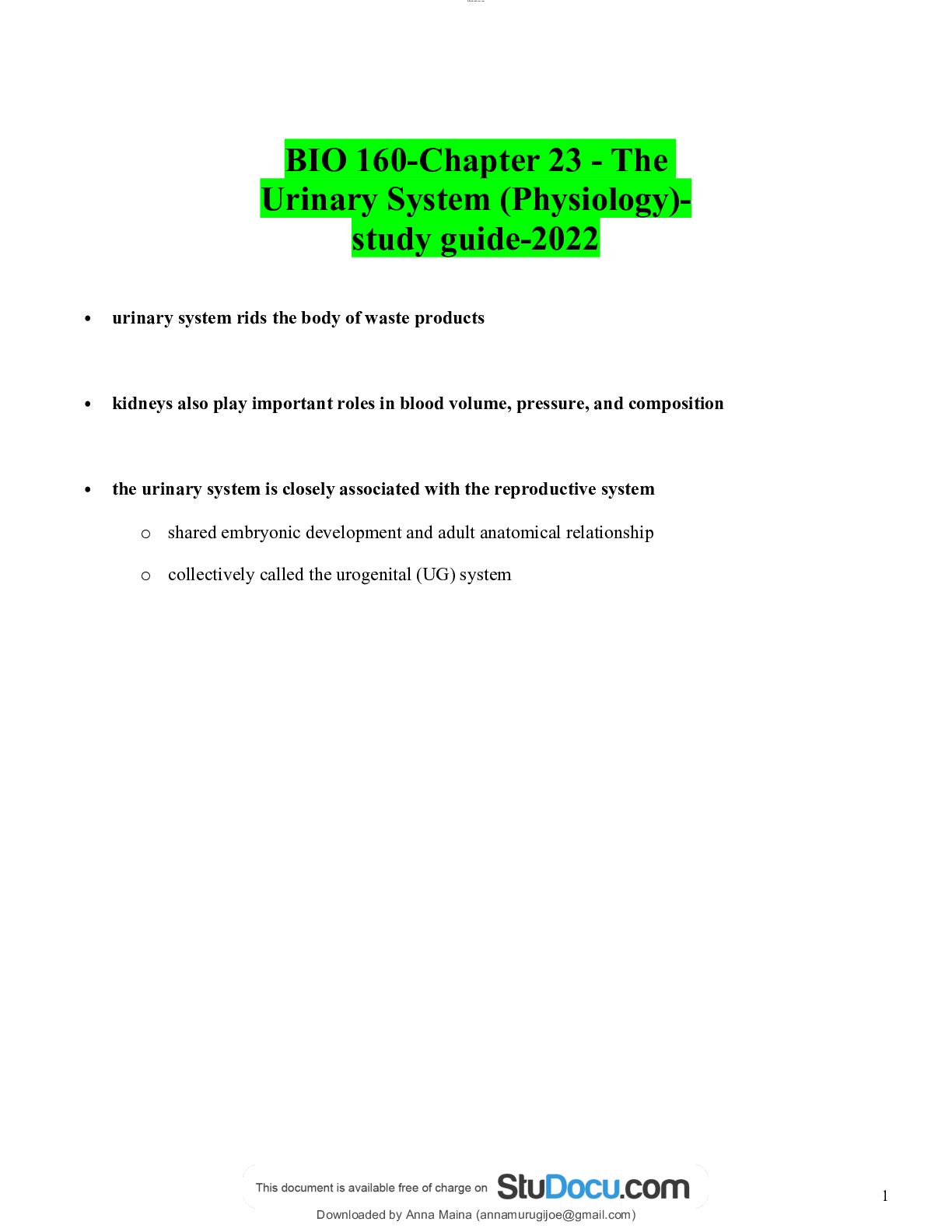 Preview of BIO 160-Chapter 23 - The Urinary System (Physiology)-study guide-2022